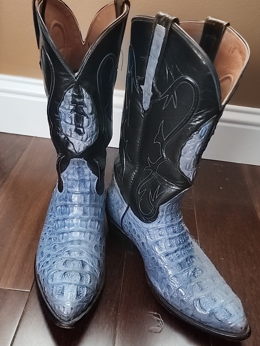 Vintage Black Diamond Boots Custom Denim Blue Caiman Hornback Cowboy Boots 10D